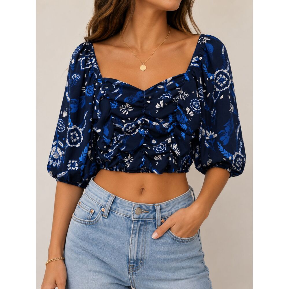Sienna Sky Blue Floral Ruched Crop Top Puff Sleeve Cottagecore Boho Size L